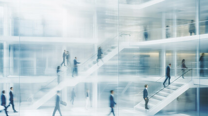 airport lobby, light white abstract background, silhouettes of people in blurry motion, abstract transport hub with stairs and light transitions - obrazy, fototapety, plakaty