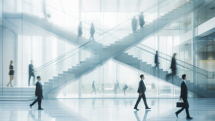 Fototapeta na wymiar group of silhouettes of people blurred in motion on a white background of a business center, a corporate light background, a modern abstract interior of an office hall with a ladder