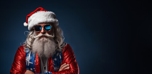 Generative AI photo of cool street vibe Santa Claus in cherry red jacket and sunglasses on a indigo blue background with copy space
