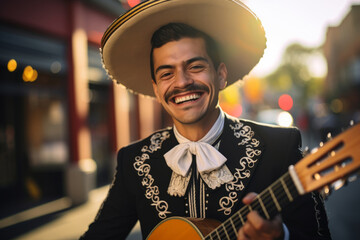 Mariachi smiling right to the camera, Mexican culture, Young Mexican mariachi playing guitar.