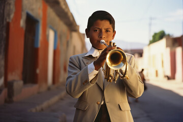 Mexican boy in suit playing trumpet on the streets of Mexico, Mexican culture, charro and mariachi...