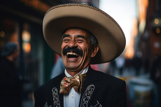 Mariachi smiling right to the camera, Mexican culture, happy Mexican mariachi on the streets of Mexico City.