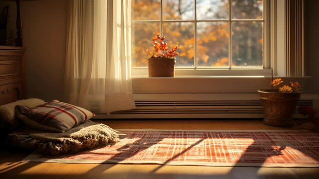 In this scene, an autumn afternoon creates an adolescent gentle light background. The golden sunlight coming through a slightly open window casts elongated shadows on a woolen rug, adding