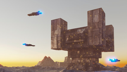 Science Fiction Landscape with a tower-shaped construction, space exploration base. Modeled Blender 3D © AGPhotography