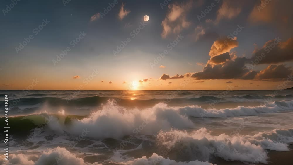 Poster timelapse sequence moon rising setting over ocean, waves changing with tides. transition from night 