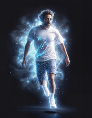 A surreal a man running in the darkness surrounded by glowing sparkles and swirling smoke. Ideal for expressing energy, motion, and mystique.