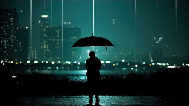 Seamless loop animation. people, pilot. Standing Rainy Night City Holding Umbrella. Photorealistic silhouette. Tokyo high tech city lights --c 50. Created using Generative AI Technology