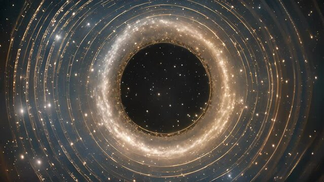 final shot zooms show spiral nestled within night sky, surrounded stars galaxies. zodiac wheel appears spinning within spiral, reminding viewer timeless infinite nature celestial