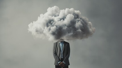Man with a cloud obscuring his head and face, symbolizing the notion of 'head in the clouds,' illustrating a concept of introspection, detachment, or a dreamy state of mind often associated with depre