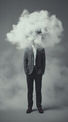Man with a cloud obscuring his head and face, symbolizing the notion of 'head in the clouds,' illustrating a concept of introspection, detachment, or a dreamy state of mind often associated with depre