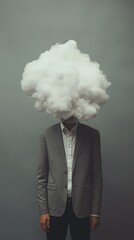Man with a cloud obscuring his head and face, symbolizing the notion of 'head in the clouds,' illustrating a concept of introspection, detachment, or a dreamy state of mind often associated with depre