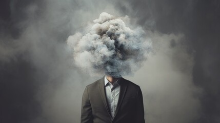 Man with a cloud obscuring his head and face, symbolizing the notion of 'head in the clouds,' illustrating a concept of introspection, detachment, or a dreamy state of mind often associated with depre