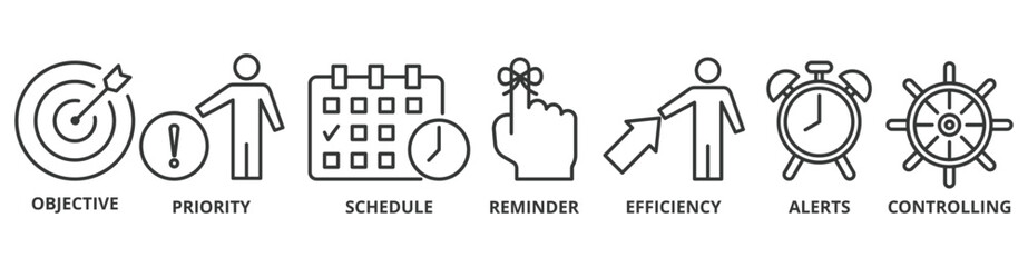 Obraz premium Time management banner web icon vector illustration concept with icon of objective, priority, schedule, reminder, efficiency, alerts, and controlling