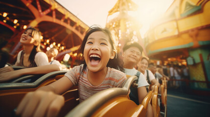 Children merrily riding a roller coaster at an amusement park