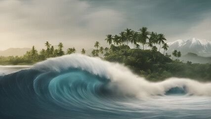 Tsunami Waves into an Island - Generated by AI.