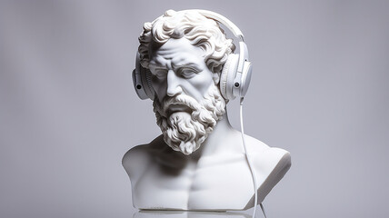 classical music concept, the head of an abstract fictional ancient male statue in modern music headphones, listening to music on a white background