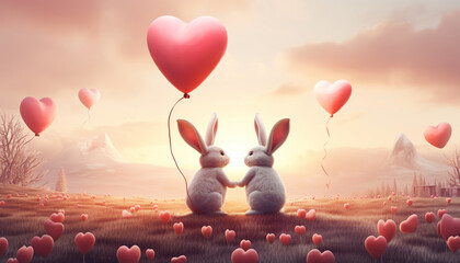 happy bunnies with balloons and hearts - obrazy, fototapety, plakaty