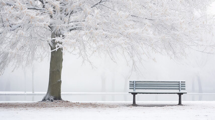 winter landscape, park bench, abstract background copy space, christmas view postcard