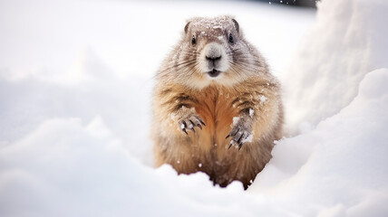 groundhog runs through the winter snow, dynamic pose fluffy rodent falling snow February calendar - obrazy, fototapety, plakaty