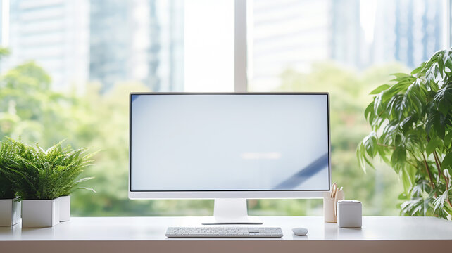 large monitor in the workplace in a modern office is a blank screen copy  space