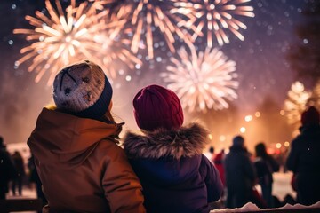 Happy new year. Family watching fireworks. Parents and kids celebrate new year. Winter holiday party. Outdoor fun. Children, mother and father with sparkler watch firework show. - obrazy, fototapety, plakaty