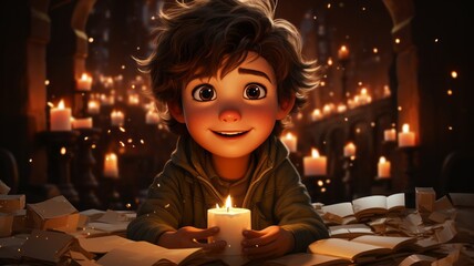 child on Christmas Eve, asking for a posada from door to door with candles in his hand while singing Christmas carols - obrazy, fototapety, plakaty
