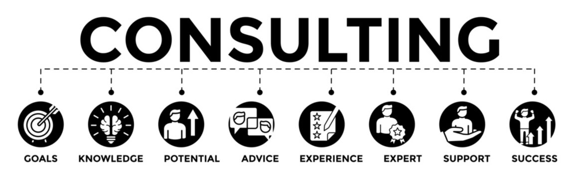 Consulting Banner Vector Illustration Concept with result, evaluate, process, improve, approval, customer, analysis icons	