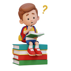 3D kid character get confused when reading a book
