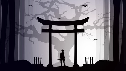 Samurai with tree wallpaper. japanese theme wallpaper. silhouette of a samurai in the night background. Japanese samurai warrior with a sword. 