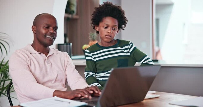 Child, family and father on laptop for online education, e learning support and registration or sign up information at home. African dad and kid reading on computer for teaching support or school FAQ