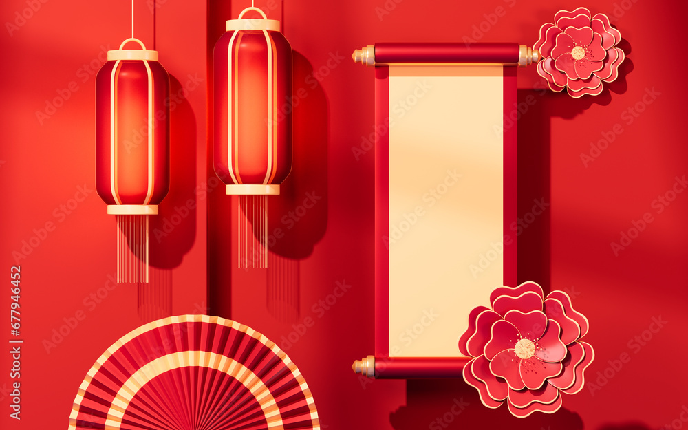 Poster empty scroll with chinese traditional style background, 3d rendering.