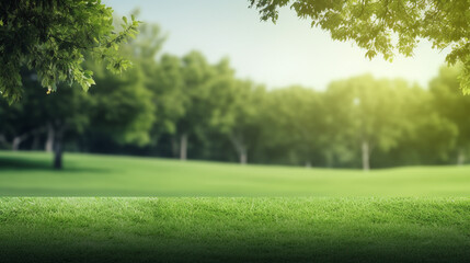Green lawn and trees background with copyspace. Nature background concept. Generative AI