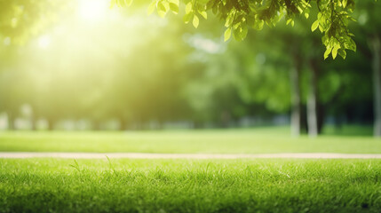 Naklejka premium Green lawn and trees background with copyspace. Nature background concept. Generative AI
