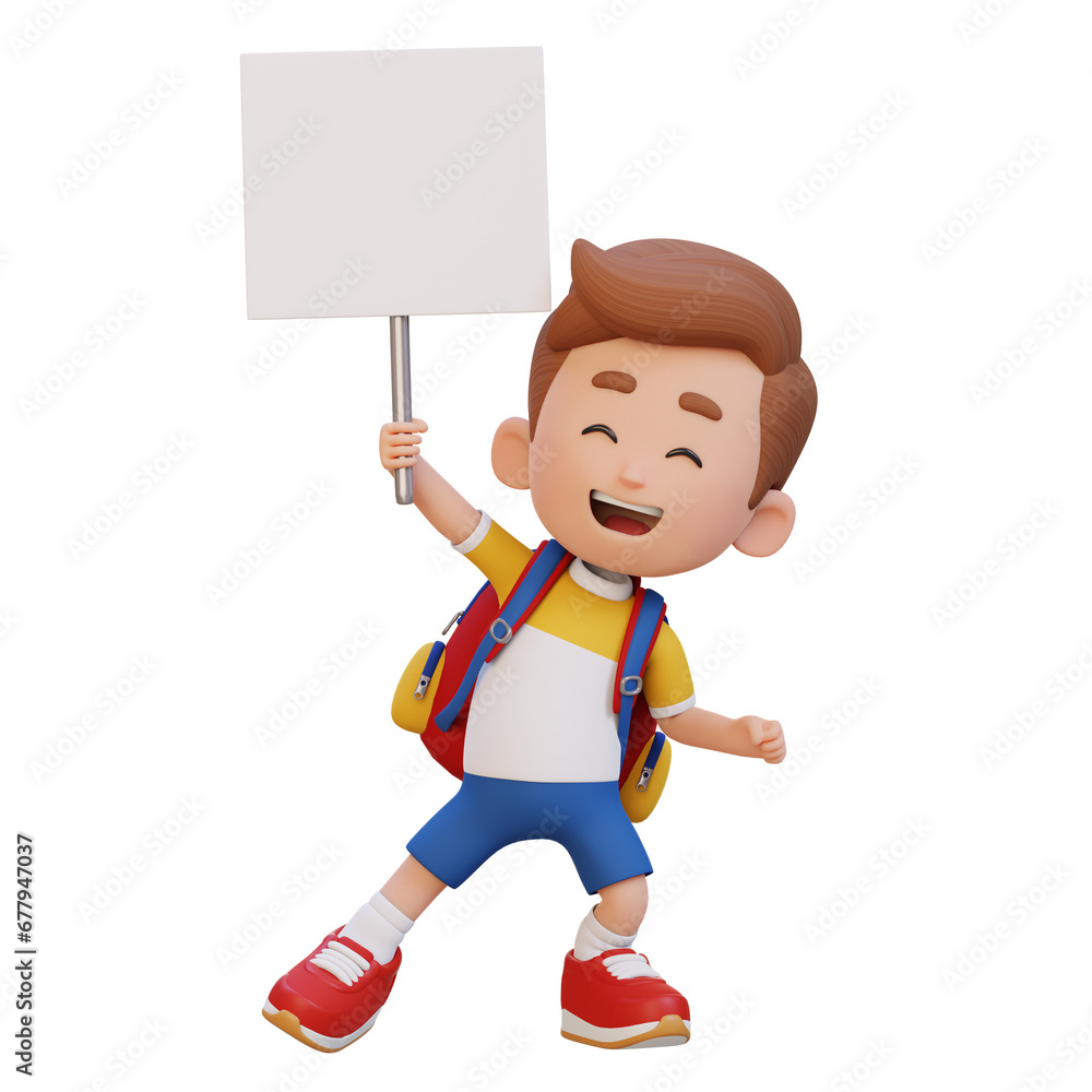 Wall mural 3D kid character holding a blank placard