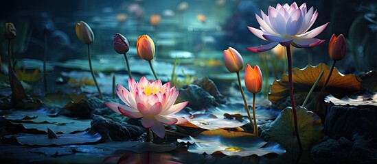 serene and vibrant world of nature a garden blooms with an array of colors found park reflecting the teachings of Buddhism and the symbolic presence of the lotus a flower revered for its bea - obrazy, fototapety, plakaty