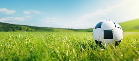 summer heat against a picturesque backdrop of green grass a white soccer ball glides across the...