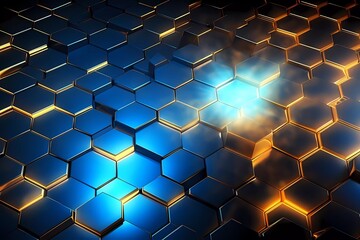 luxury hexagonal abstract gold metal background with blue light lines, brigth 3d geometric texture illustration. generative ai - obrazy, fototapety, plakaty