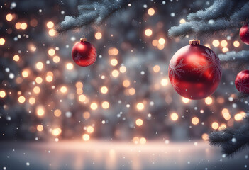 Obraz na płótnie Canvas Fantastic glowing background with snowy fir branches and red Christmas balls hanging with string