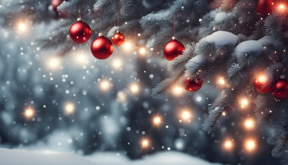  Fantastic glowing background with snowy fir branches and red Christmas balls hanging with string - obrazy, fototapety, plakaty