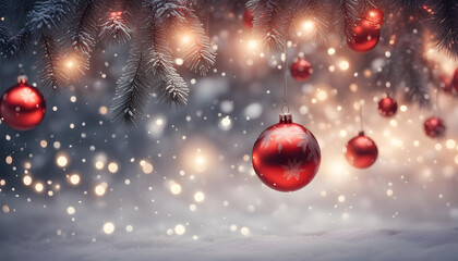  Fantastic glowing background with snowy fir branches and red Christmas balls hanging with string