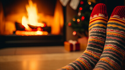 feet in striped knitted multicolored socks in front of a cozy fireplace on Christmas Eve, a warm winter evening at home