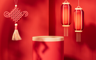 Chinese knotting, Chinese style background and empty stage, e-commerce background,3d rendering.