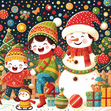 fantasy illustration of joy and celebration of Christmas background with Santa Claus, snowman and Christmas tree