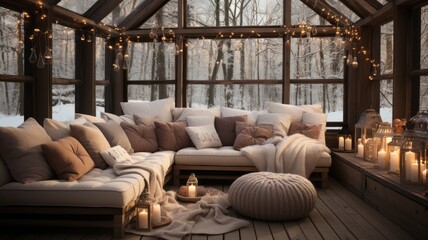terrace decorated with candles and Christmas lights, in the snowy background in the middle of the forest, candles to spend Christmas Eve as a couple