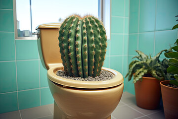 Hemorrhoids concept. Cactus in the toilet, close-up