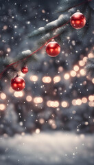 Naklejka na ściany i meble Fantastic glowing background with snowy fir branches and red Christmas balls hanging with string