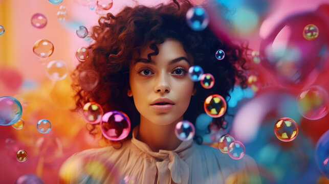 Cute beautiful woman covered in colorful bubbles. Different colors, bright colors, surreal effect.