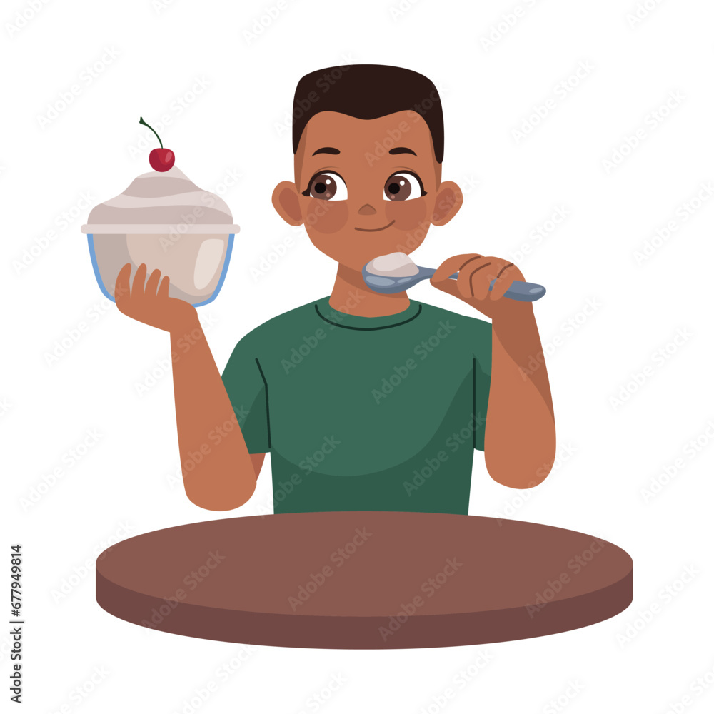 Wall mural boy eating nutrition dessert