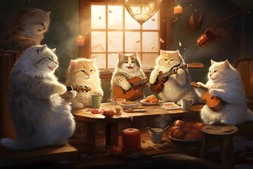 funny cats on the table having dinner in winter