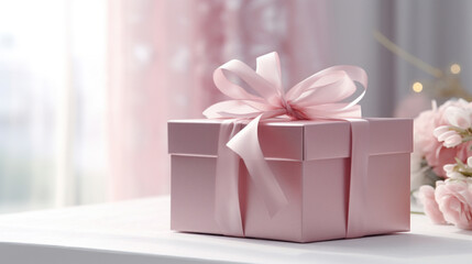 Pink gift box on blurred bokeh background